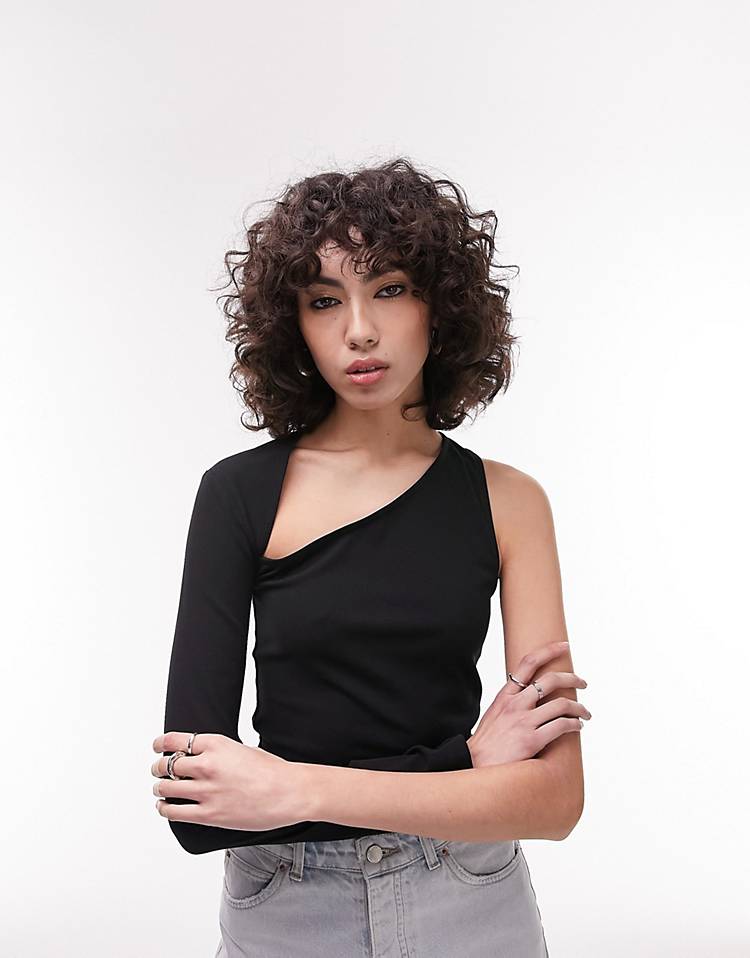 Topshop Tall asymmetric one shoulder top in black